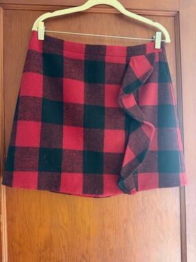 J. Crew Red and Black Buffalo Plaid Mini Skirt with Ruffle Size 8
